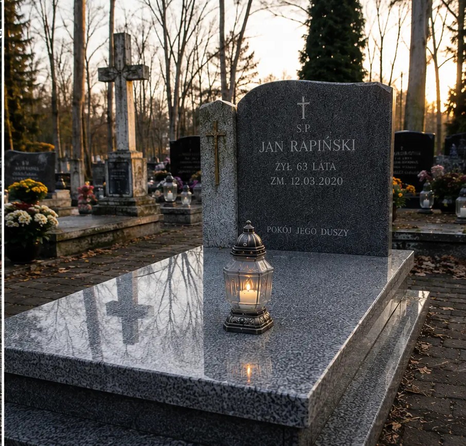 Zadbany grób o zmierzchu z zapalonym zniczem po wizycie Grobowo
